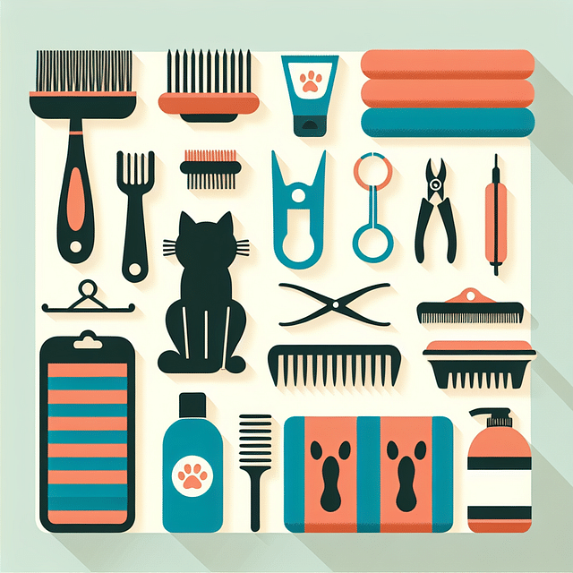 cat grooming tools neatly arranged