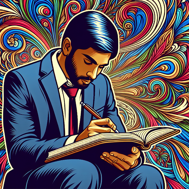 someone writing in a journal surrounded by psychedelic patterns