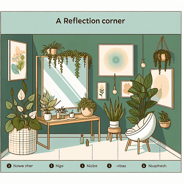 a cozy, tranquil reflection corner with plants and artwork
