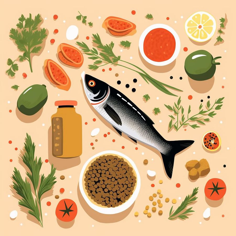 A kitchen counter filled with fresh vegetables, whole grain pasta, olive oil, chickpeas, herbs, and a fish.