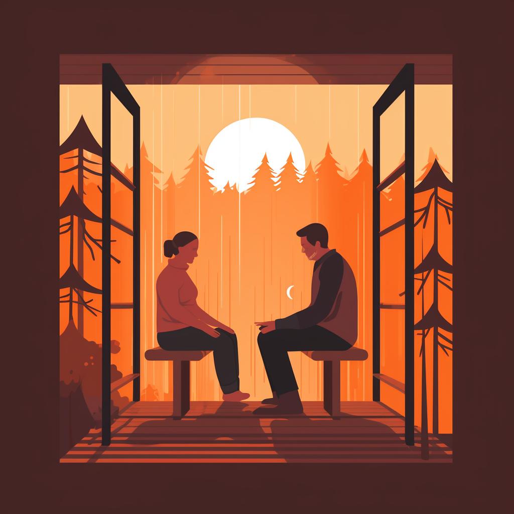 Two people having a quiet conversation in a sauna