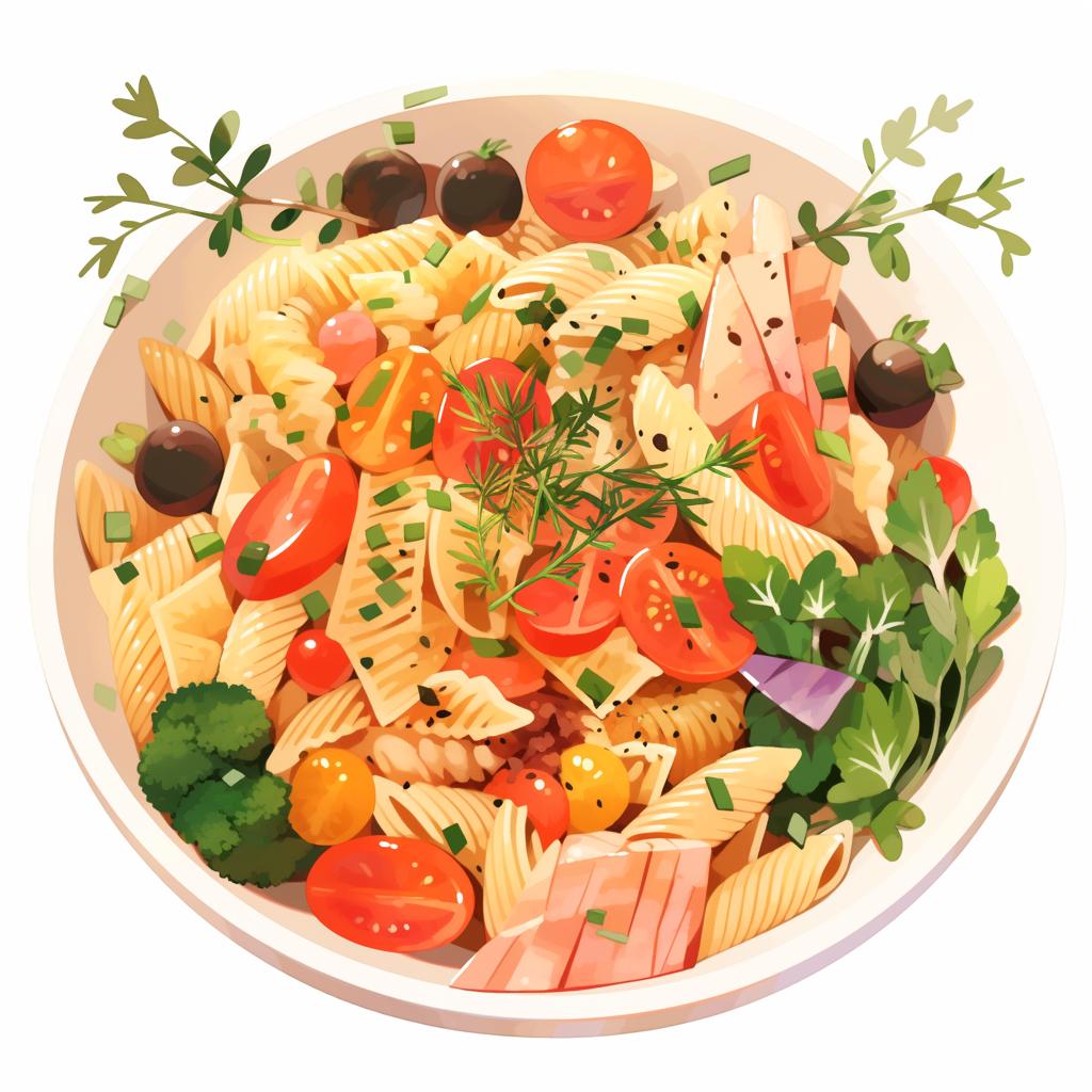 A large bowl filled with whole grain pasta, sautéed vegetables, and fresh herbs.