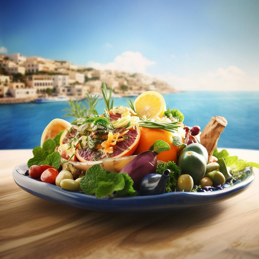 Planet Earth served on a plate with a Mediterranean food background, symbolizing the impact of the Mediterranean diet on our planet